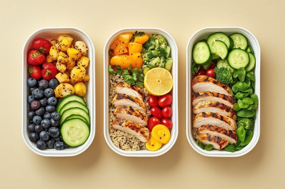 Meal prep lunchboxen met kip, quinoa, groenten en fruit voor drukke vaders