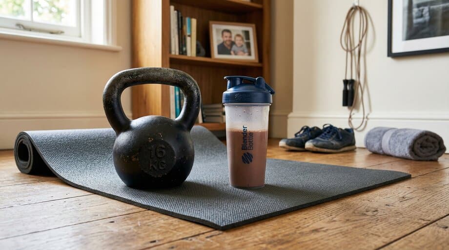Kettlebell en eiwitshake als tools voor thuis sporten